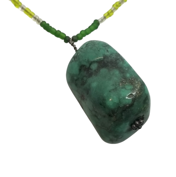 VINTAGE GENUINE TURQUOISE PENDANT SEED BEAD & STERLING SILVER NECKLACE - Picture 3 of 6